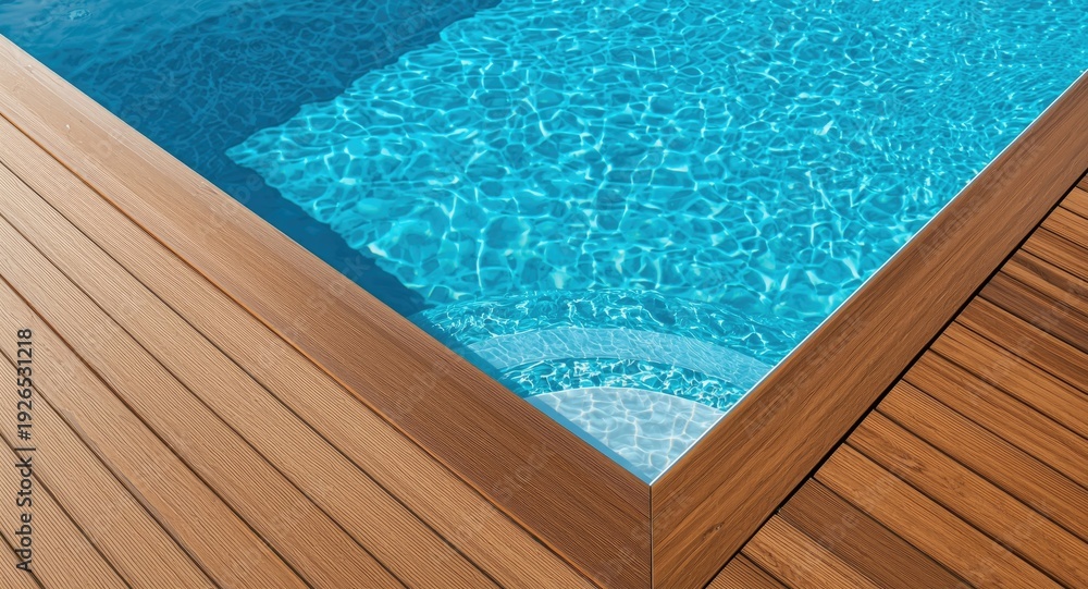 Obraz premium Teak wooden decking around fiberglass pool entrance steps with bright blue water illuminated by summer sun and blank text area