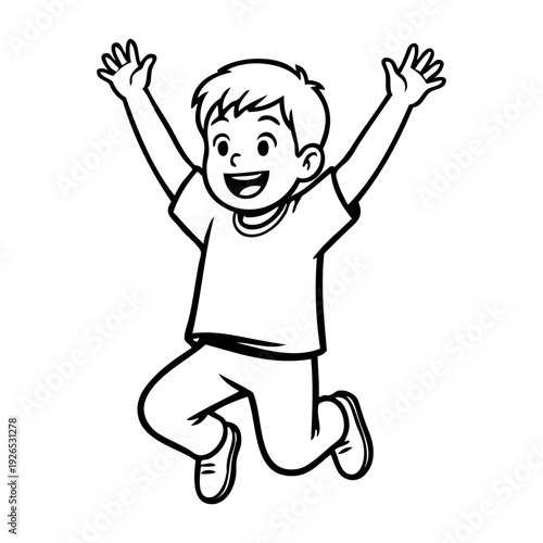 Dibujo sencillo con líneas de niño pequeño alegre saltando con los brazos abiertos 
