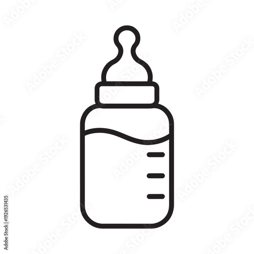 A simple black and white line drawing of a baby bottle filled with liquid