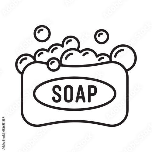 A simple black and white line drawing of a bar of soap with bubbles