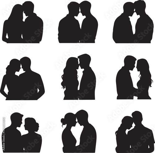 Silhouettes of couples kissing and embracing each other in various romantic poses