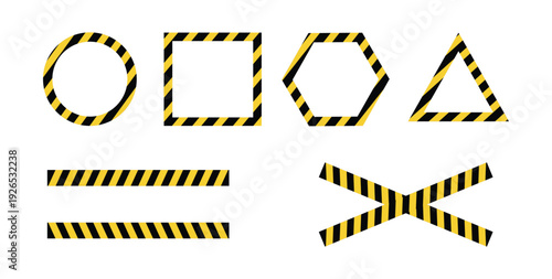 Yellow black caution frame set. Hazard warning border collection. Safety stripe geometric shapes. Industrial danger tape design