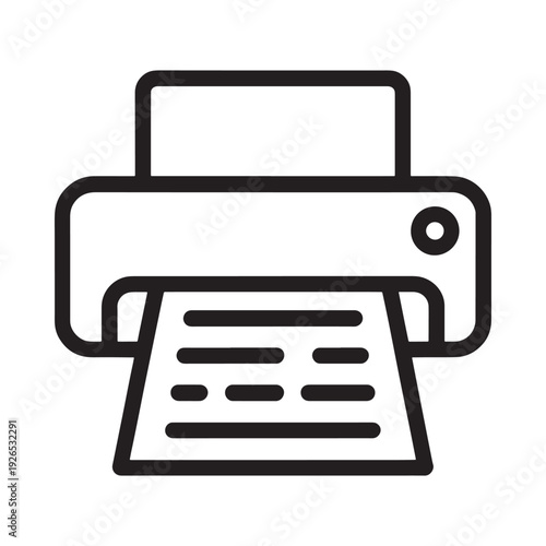 Simple line drawing depicting a desktop printer with printed paper
