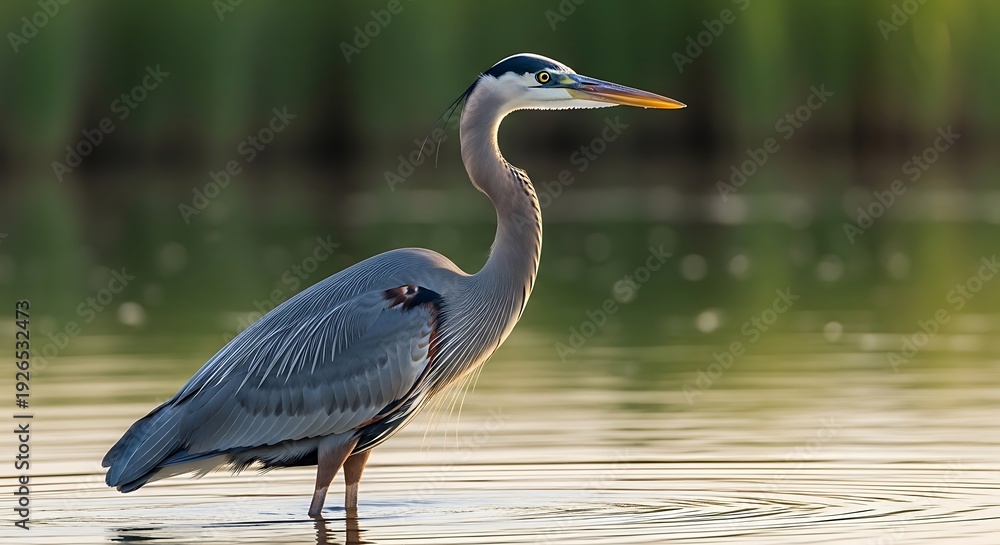 Fototapeta premium Majestic Great Blue Heron Standing Gracefully in Calm Waters.