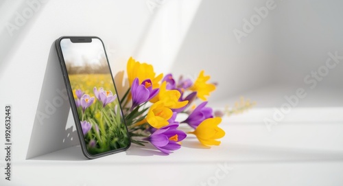 Smartphone mockup featuring yellow and purple crocus flowers on a modern background with copy space