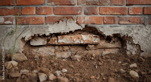 Brick wall deterioration featuring foundation problems and soil subsidence damage