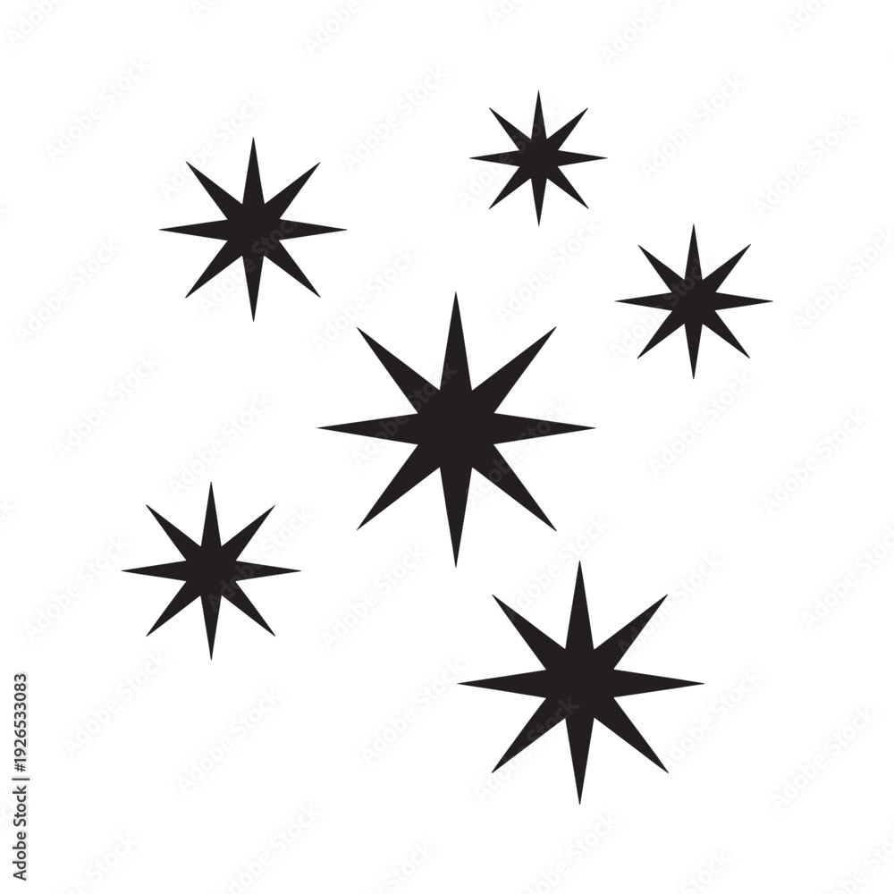 Fototapeta premium A collection of black eight pointed stars against a stark white background