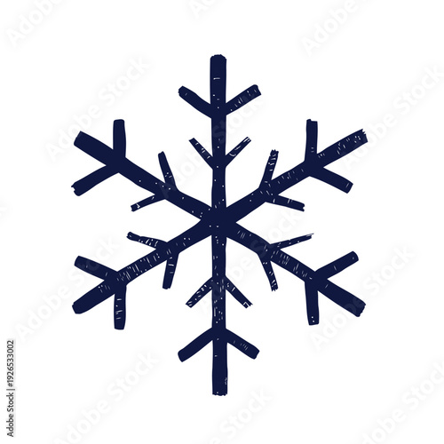 A simple dark blue hand drawn illustration of a six pointed snowflake on a white background