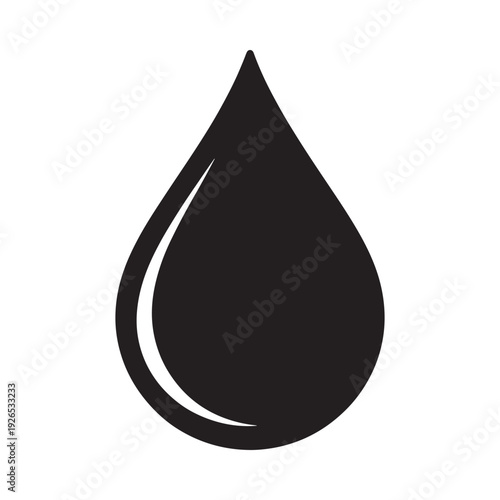 A simple black silhouette of a water droplet with a curved pointed shape
