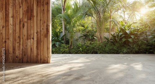 rough rendered wood wall texture with concrete floor and tropical garden sunlight backdrop