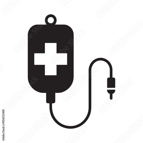 Simple black and white icon depicting a medical iv drip bag with tubing