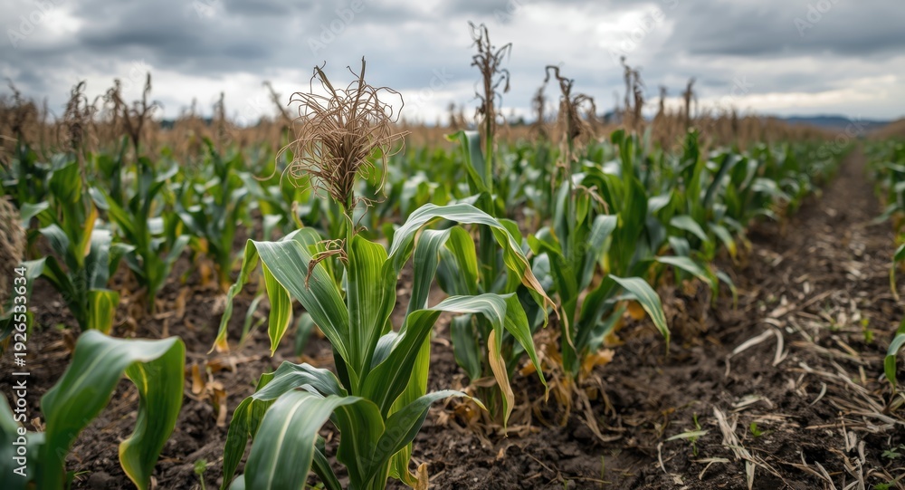 Fototapeta premium Stress factors affecting the growth of young corn plants in open field