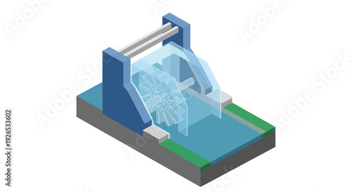 3D illustration of a hydroelectric power plant turbine system.