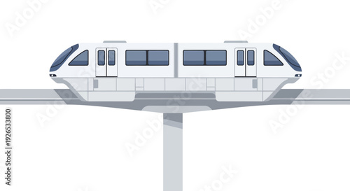 Modern White Monorail Train on Elevated Track.