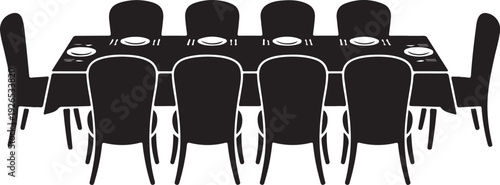 Black and white dining table with eight chairs