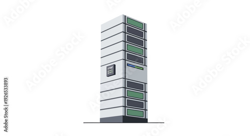 Modern data center server cabinet with multiple storage units and network equipment.