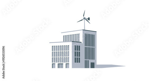 Modern office building with wind turbine on rooftop for sustainable energy.