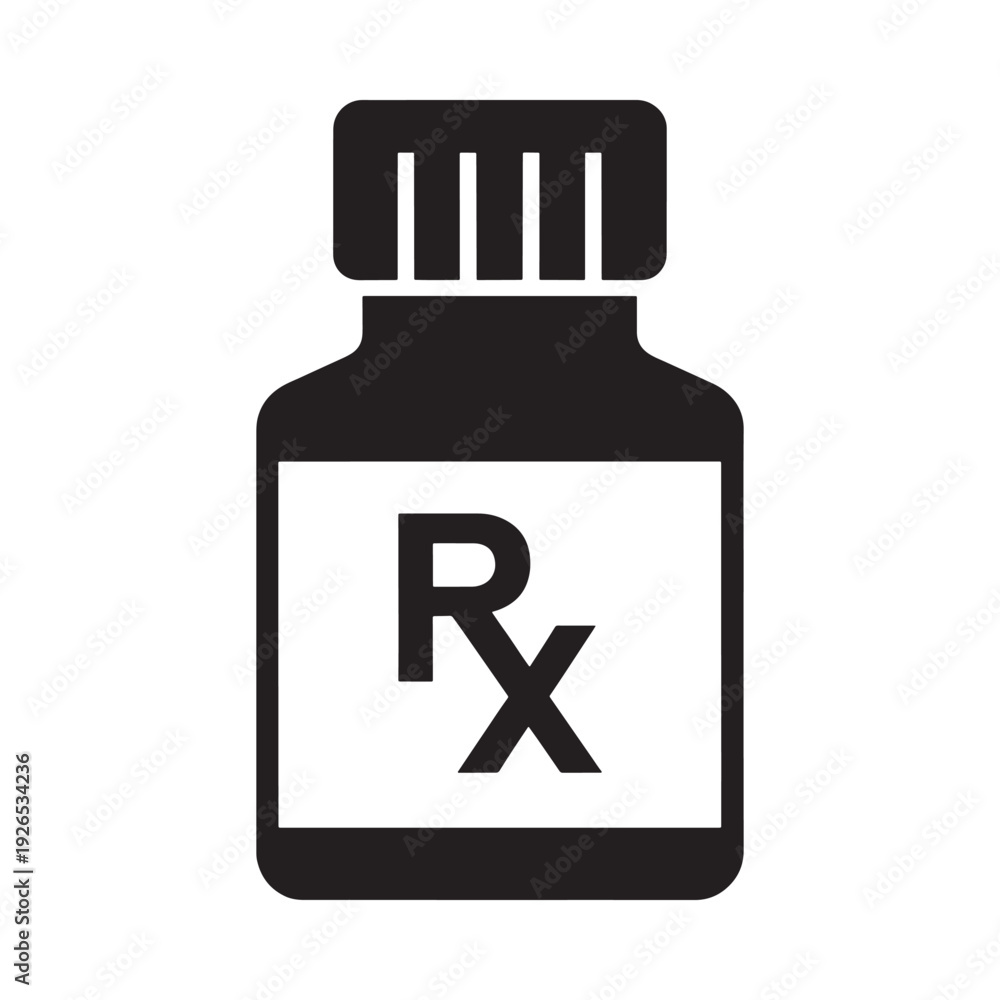 Fototapeta premium A simple black icon depicting a prescription bottle with an Rx symbol