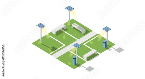 Isometric park scene with benches and street lamps.