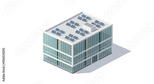 Isometric illustration of a modern office building with solar panels on the roof.