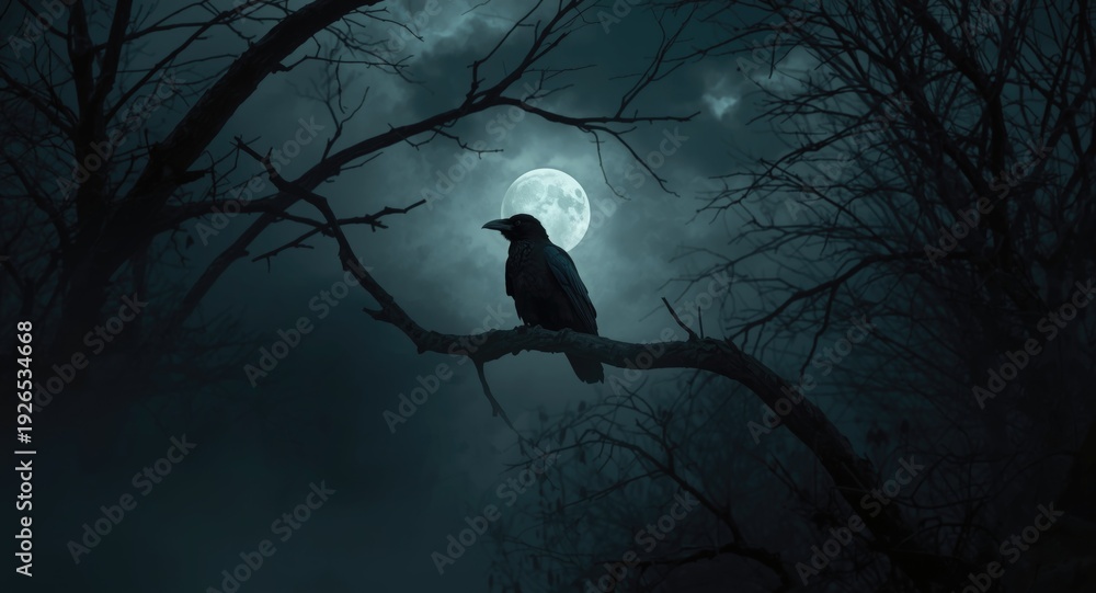 Obraz premium Tense and gothic Halloween scene with lone raven sitting in cloudy moonlight