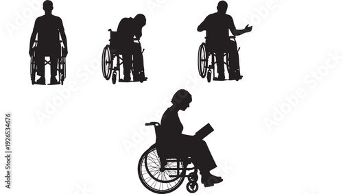 People in wheelchairs set with different postures and actions, black silhouettes featuring disabled, disabled person, wheelchair with wheelchair user and accessibility elements for disability