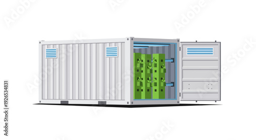 Three shipping containers with one open to reveal green battery cells inside.