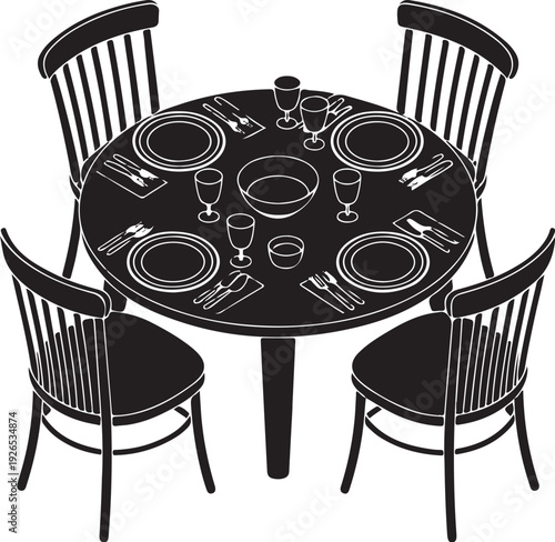 Black and white of a round dining table set for four people