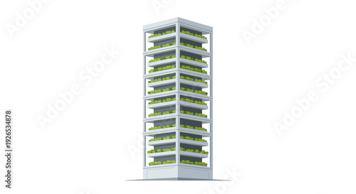 Modern tall white building with green balconies and multiple floors.