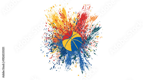 Colorful abstract artwork featuring a ball at the center with radiating paint splashes