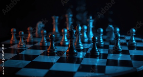 Wallpaper Mural Planning strategy depicted by dark silver chess pieces over a black and white board enhanced by soft ambient blue and orange lighting Torontodigital.ca