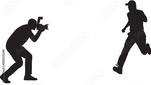 Photographers silhouette with camera and flash capturing running man in motion, isolated on white background, action scene concept for journalism, sports and paparazzi
