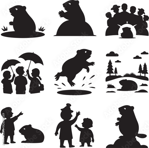 set of black silhouettes of people and animals on white background
