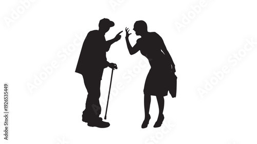 Couple arguing silhouette with elderly man using cane and woman pointing finger, conflict confrontation scene isolated on white background, black cutout style