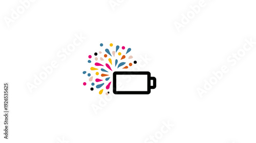 Illustration of a battery with colorful shapes exploding outward, all on a white background