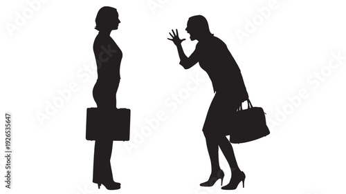 Women silhouette arguing with one person gesturing and shouting at another holding briefcase and handbag, conflict communication concept, business dispute on white background