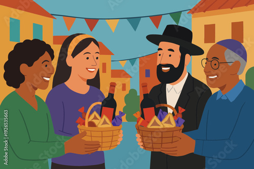 Flat vector group of diverse people exchanging mishloach manot baskets