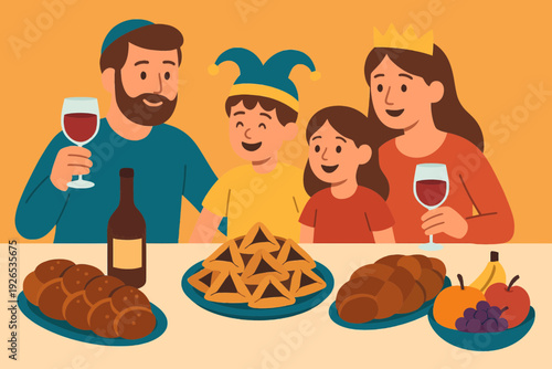 Flat vector illustration of Purim seudah festive meal table with hamantaschen, wine, challah, fruits, family gathered