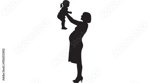 Silhouette mother lifting toddler child in the air, family love and bonding concept, parenting and motherhood pose, black shape isolated on white background
