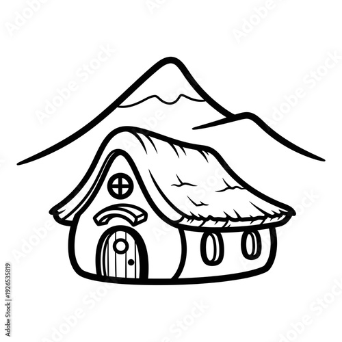 Whimsical Cartoon House with Thatch Roof and Mountain Background