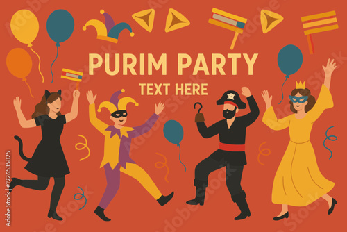 Flat vector festive Purim party invitation design with dancing figures in costumes, balloons, groggers