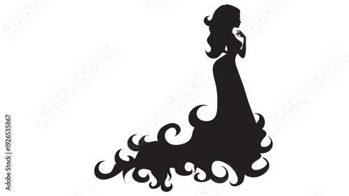 Woman silhouette in elegant gown with flowing hair and decorative dress details, luxury fashion illustration featuring black, white, simple with clean and minimalist elements for female, lady