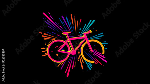 A brightly colored bicycle illustration with radiating lines on a black background