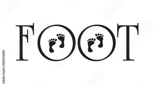 Foot typography logo with baby footprints inside double O letters, minimalist black and white wordmark design for podiatry, pediatrics, footwear brand identity
