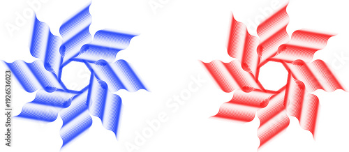 Abstract star shape vector elements. Includes two identical seven-pointed star shapes in blue and red gradient. Created in modern abstract style with blue and red color palette.