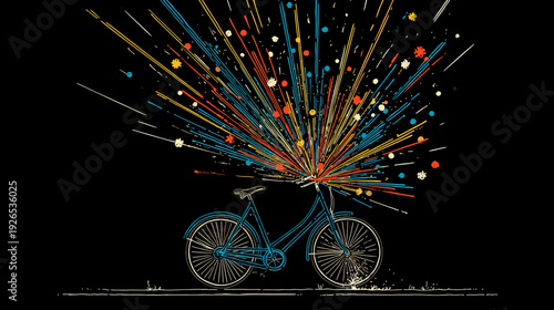 A bicycle with colorful radiating lines emanating from the handlebars against a black background
