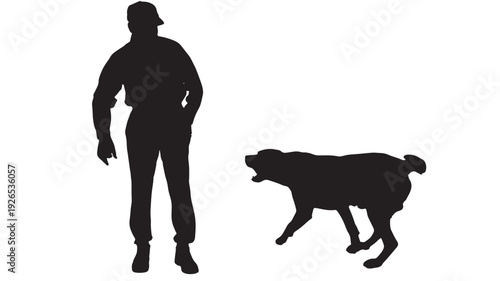 Man standing silhouette with dog in motion barking, isolated on white background, simple black cutout style for training, security, pet care, and warning sign