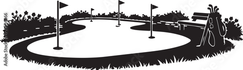 Backyard putting green with golf bag