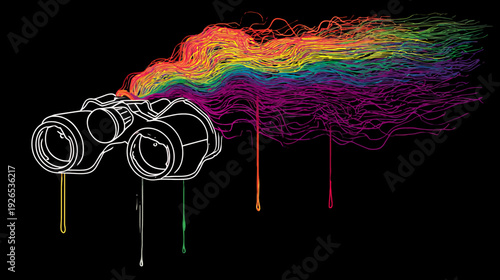 Black background with white outline of binoculars; rainbow colored streams emanate outward