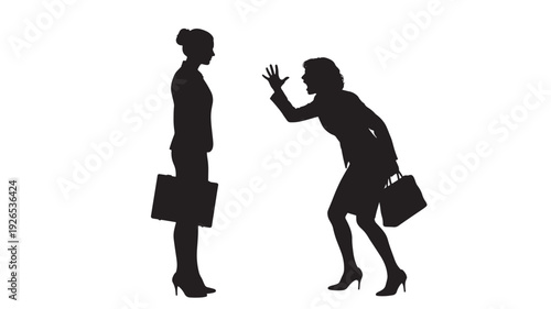 Women arguing silhouette with angry gesture and confrontation between two businesswomen carrying briefcase and handbag, conflict at work concept isolated on white background